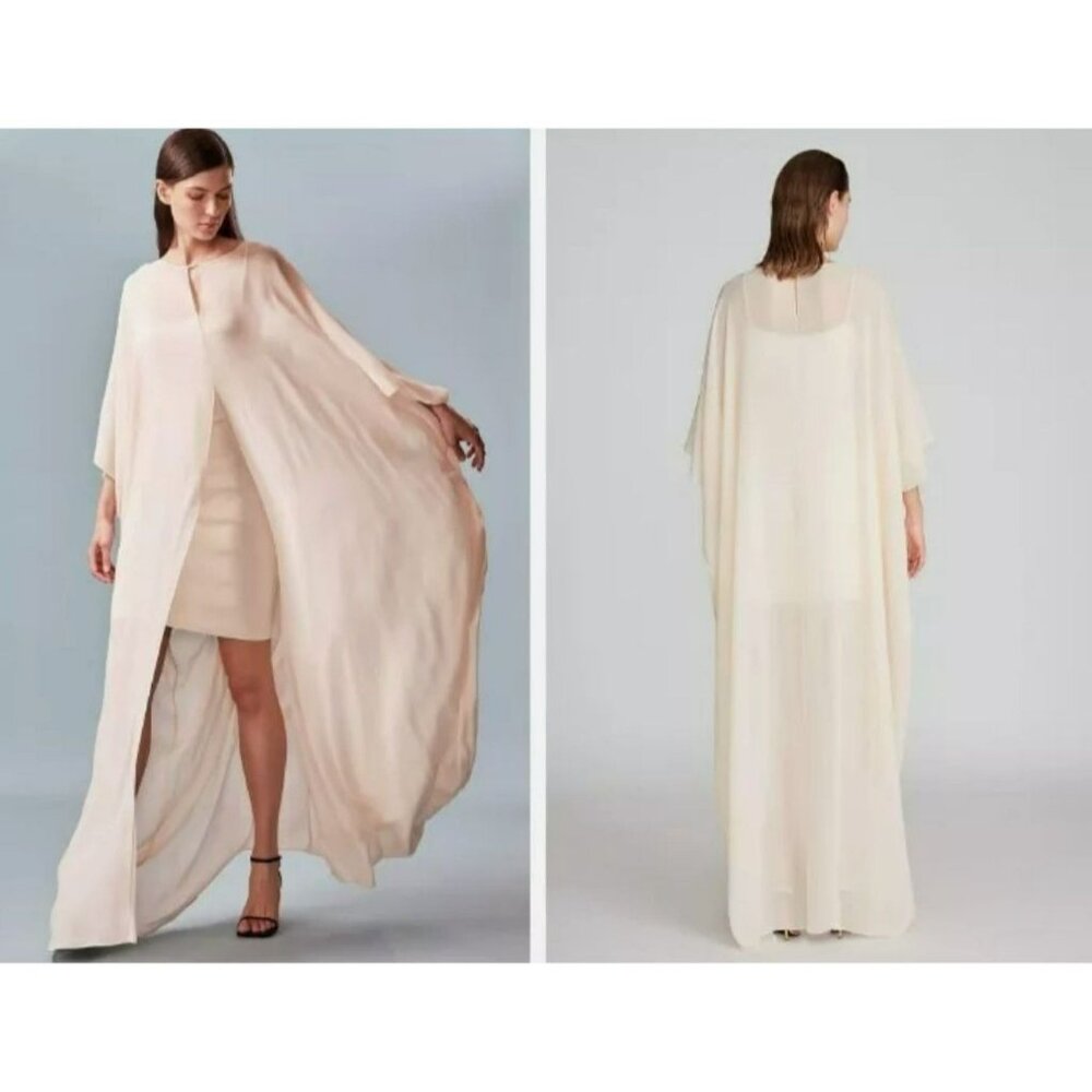 Halston Flowing Chiffon Sander Caftan Dress Buff Neutral Elegant SZ 4 NWT $645